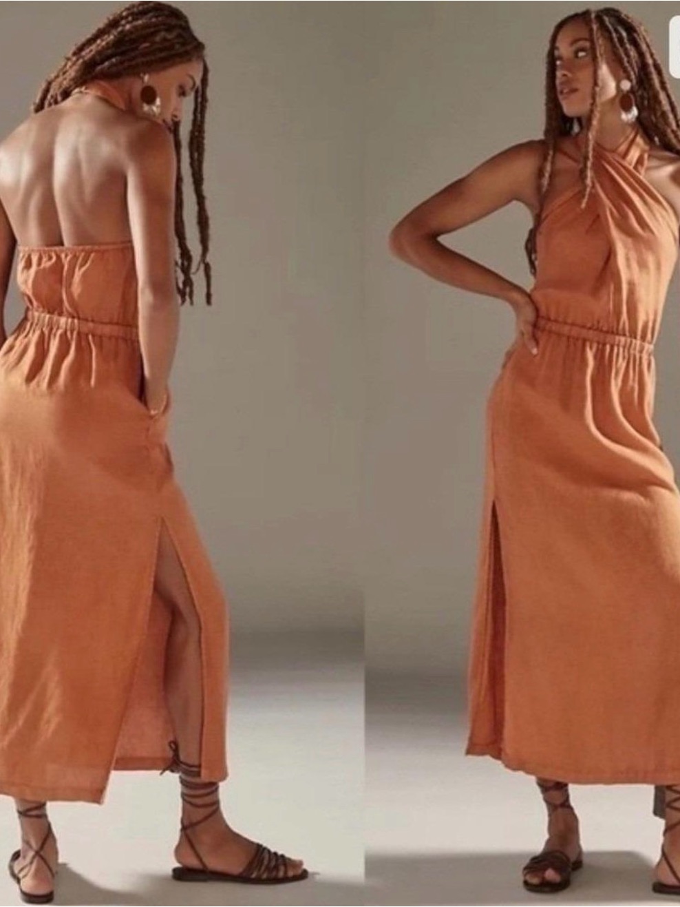 Like New Cloth & Stone Linen Cross Halter Maxi Dress In Orange